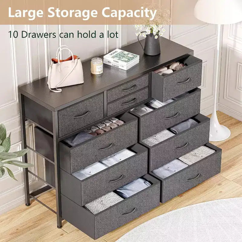 10 Drawers Fabric Dressers for Bedroom, Wood Top, Steel Frame, Modern Chest of Drawers, Lightweight Dresser with Fabric Bins for Living Room, Hallway