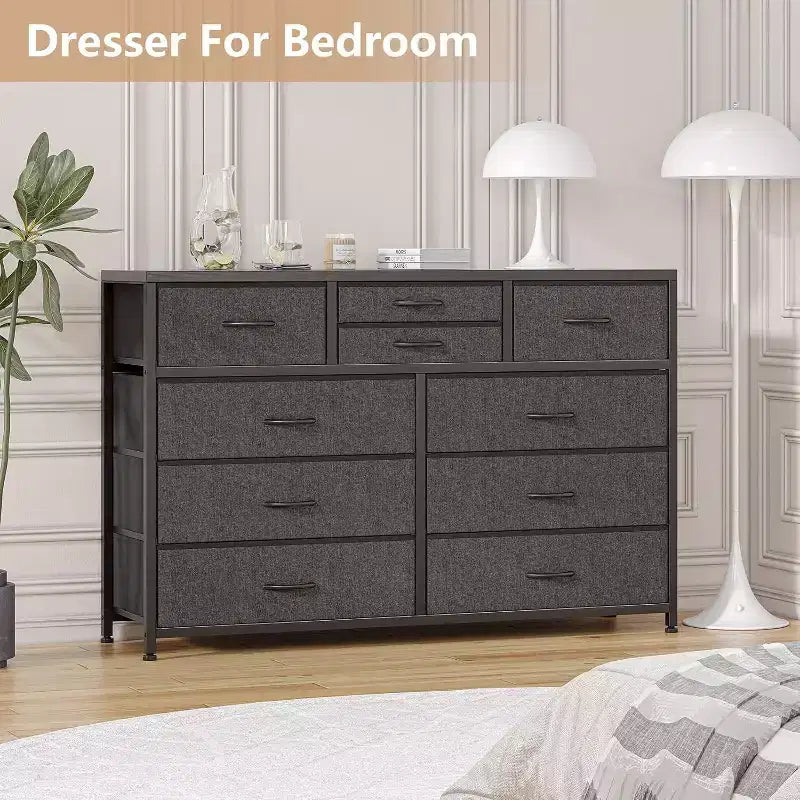 10 Drawers Fabric Dressers for Bedroom, Wood Top, Steel Frame, Modern Chest of Drawers, Lightweight Dresser with Fabric Bins for Living Room, Hallway