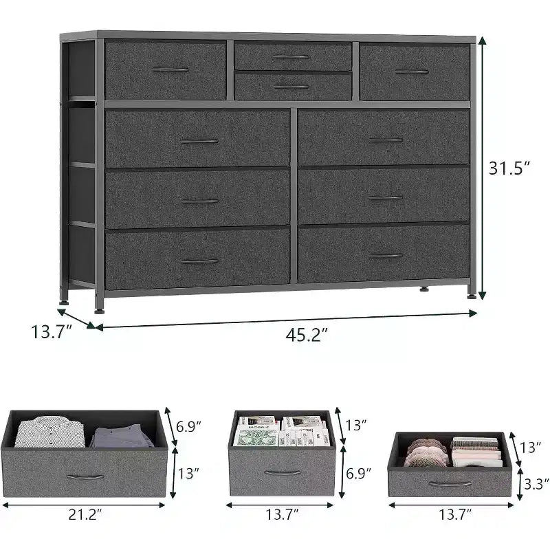 10 Drawers Fabric Dressers for Bedroom, Wood Top, Steel Frame, Modern Chest of Drawers, Lightweight Dresser with Fabric Bins for Living Room, Hallway