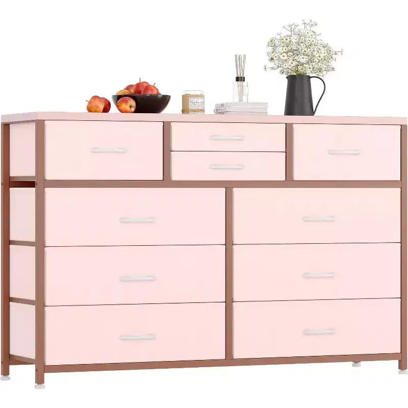 10 Drawers Fabric Dressers for Bedroom, Wood Top, Steel Frame, Modern Chest of Drawers, Lightweight Dresser with Fabric Bins for Living Room, Hallway
