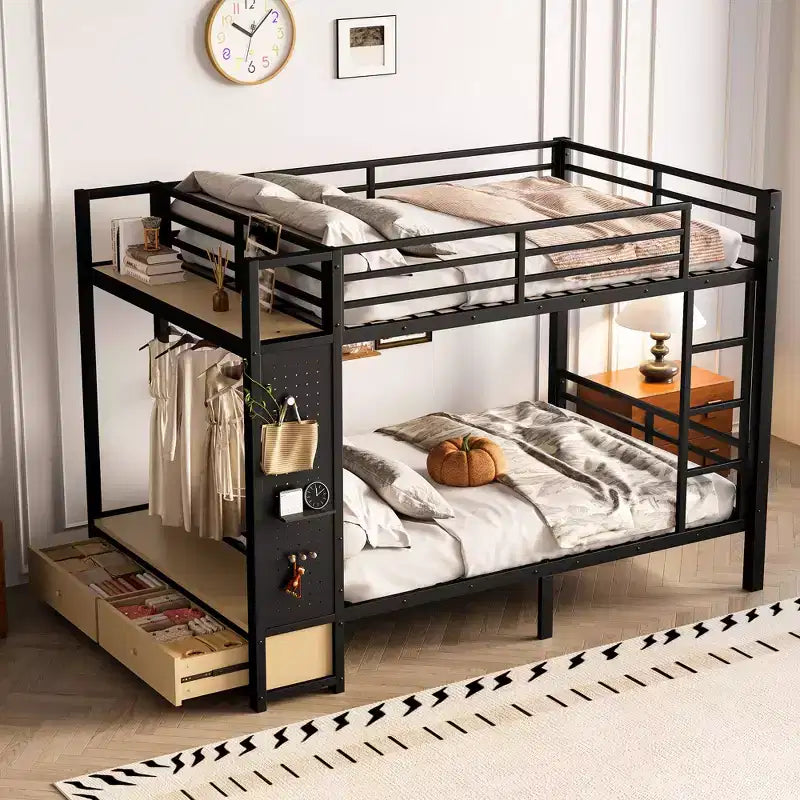Queen over Queen size Metal Bunk Bed for Teens with Storage Shelves,Drawers and Pegboard,Black