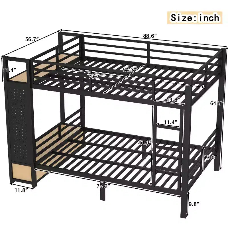 Queen over Queen size Metal Bunk Bed for Teens with Storage Shelves,Drawers and Pegboard,Black