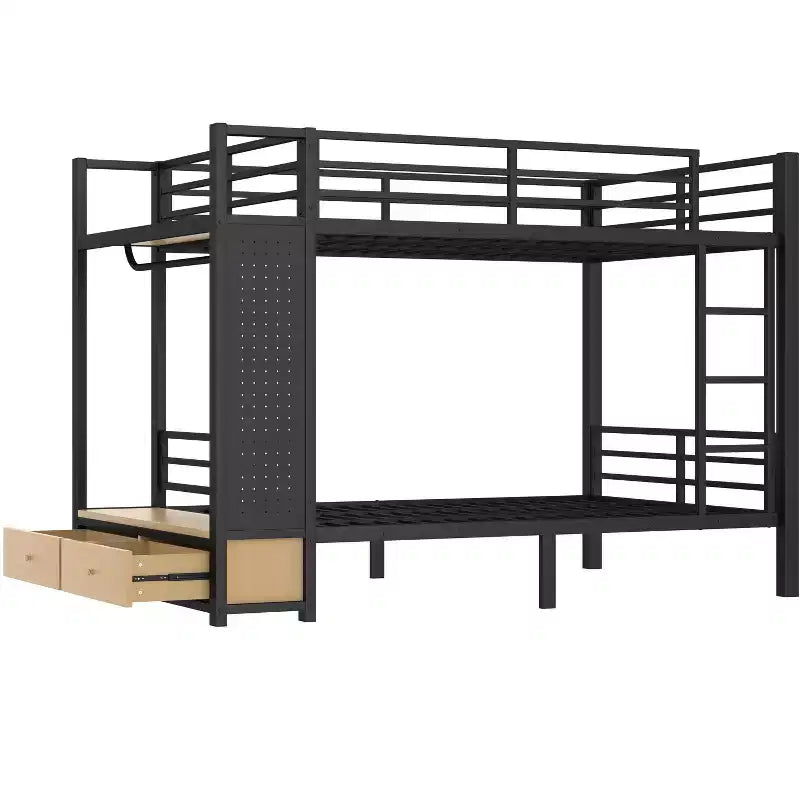 Queen over Queen size Metal Bunk Bed for Teens with Storage Shelves,Drawers and Pegboard,Black