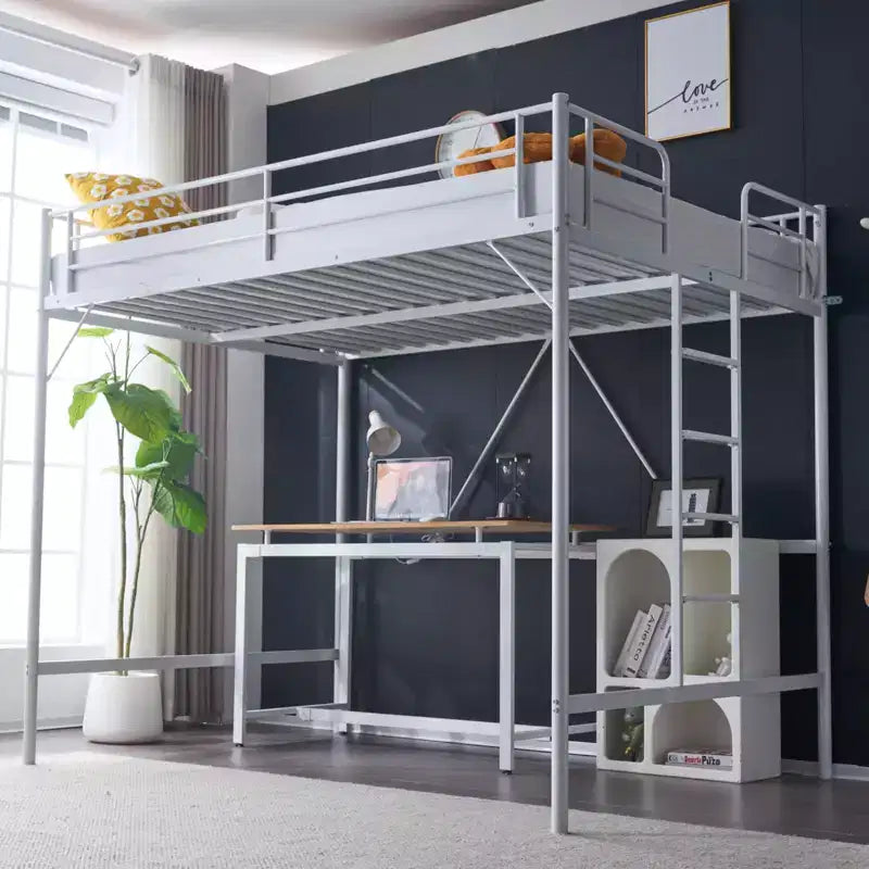 Full Metal Loft Bed for Kids Loft Bunk Bed Frame with Stairs/Flat Ladder Rung,No Box Spring Required, White