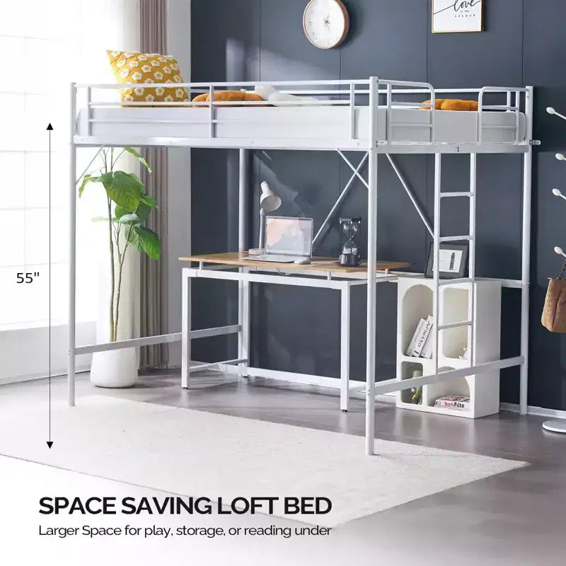 Full Metal Loft Bed for Kids Loft Bunk Bed Frame with Stairs/Flat Ladder Rung,No Box Spring Required, White