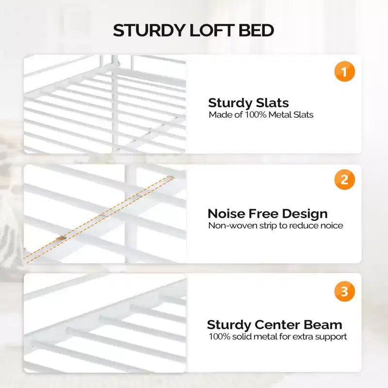 Full Metal Loft Bed for Kids Loft Bunk Bed Frame with Stairs/Flat Ladder Rung,No Box Spring Required, White