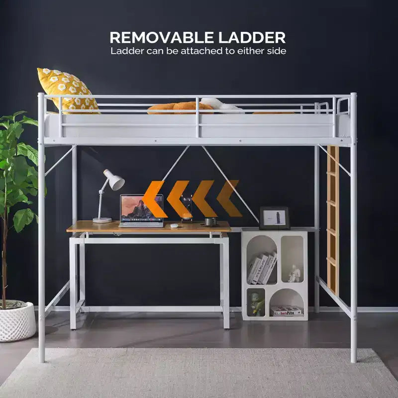 Full Metal Loft Bed for Kids Loft Bunk Bed Frame with Stairs/Flat Ladder Rung,No Box Spring Required, White