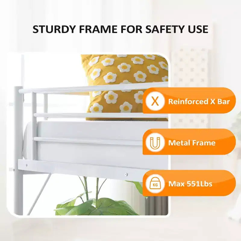 Full Metal Loft Bed for Kids Loft Bunk Bed Frame with Stairs/Flat Ladder Rung,No Box Spring Required, White