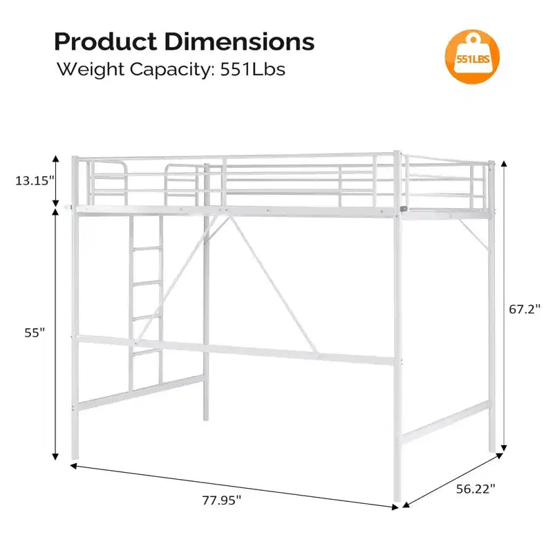 Full Metal Loft Bed for Kids Loft Bunk Bed Frame with Stairs/Flat Ladder Rung,No Box Spring Required, White