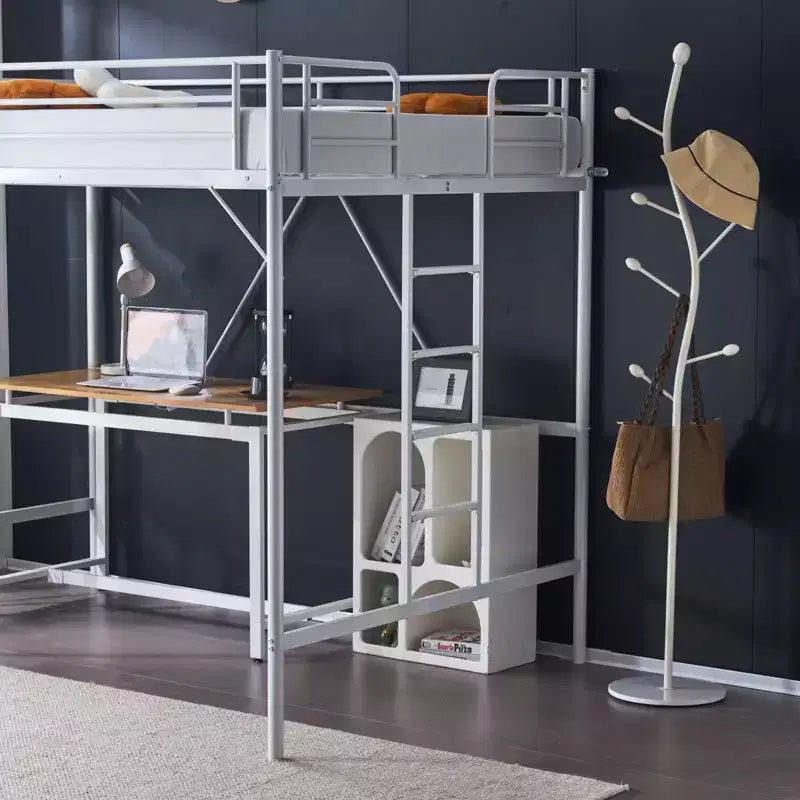 Full Metal Loft Bed for Kids Loft Bunk Bed Frame with Stairs/Flat Ladder Rung,No Box Spring Required, White