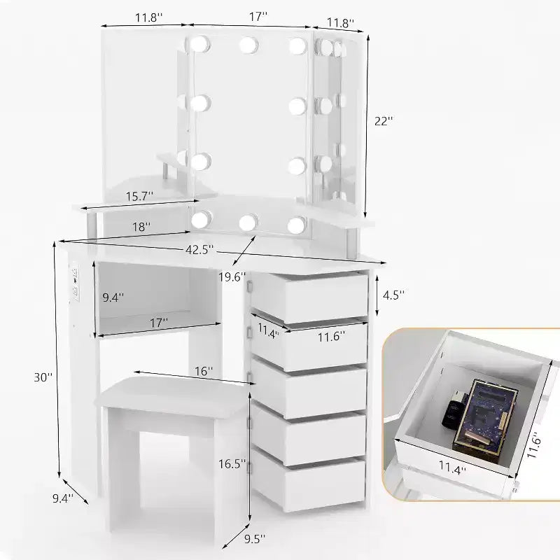 Corner Makeup Vanity Desk with Lights, Dressing Table with Power Outlet