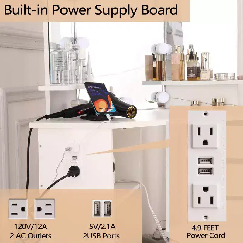 Corner Makeup Vanity Desk with Lights, Dressing Table with Power Outlet