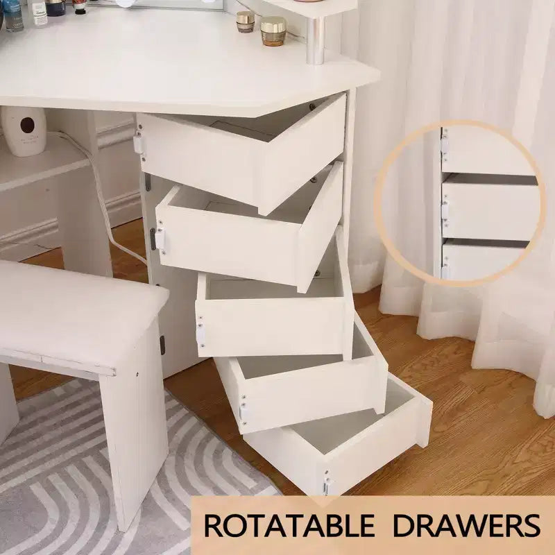 Corner Makeup Vanity Desk with Lights, Dressing Table with Power Outlet