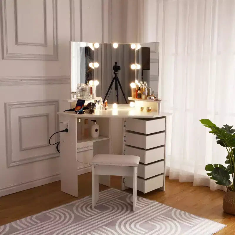 Corner Makeup Vanity Desk with Lights, Dressing Table with Power Outlet