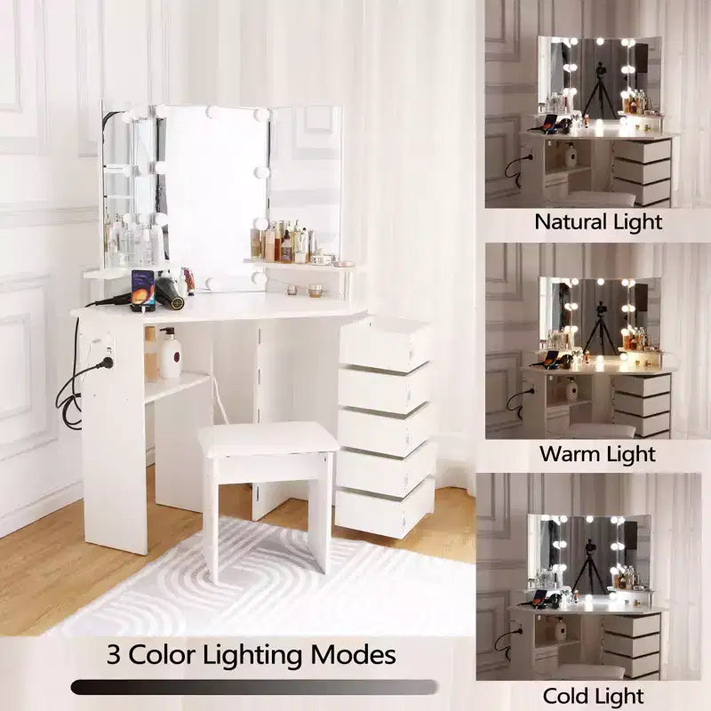 Corner Makeup Vanity Desk with Lights, Dressing Table with Power Outlet