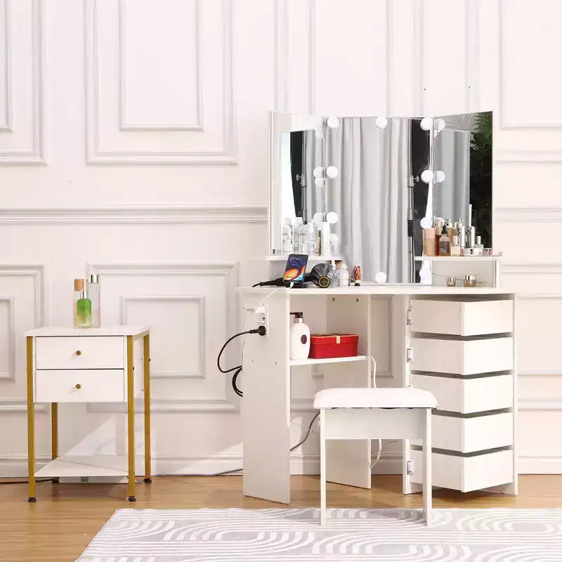Corner Makeup Vanity Desk with Lights, Dressing Table with Power Outlet