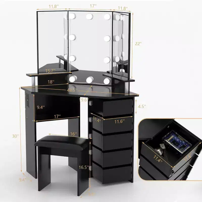 Corner Makeup Vanity Desk with Lights, Dressing Table with Power Outlet