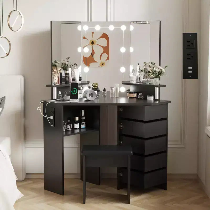Corner Makeup Vanity Desk with Lights, Dressing Table with Power Outlet