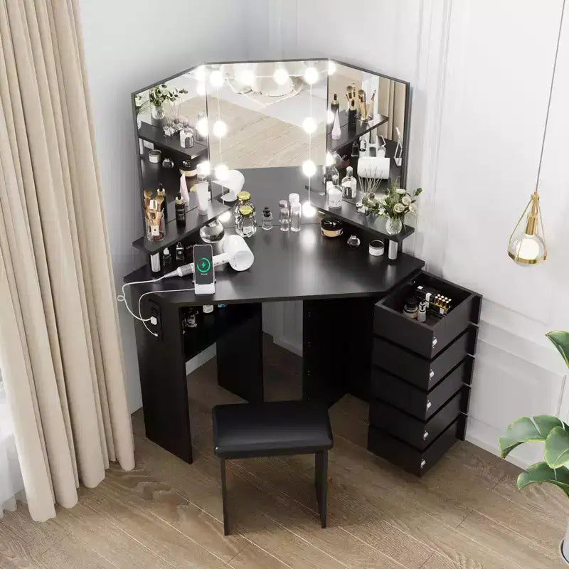 Corner Makeup Vanity Desk with Lights, Dressing Table with Power Outlet