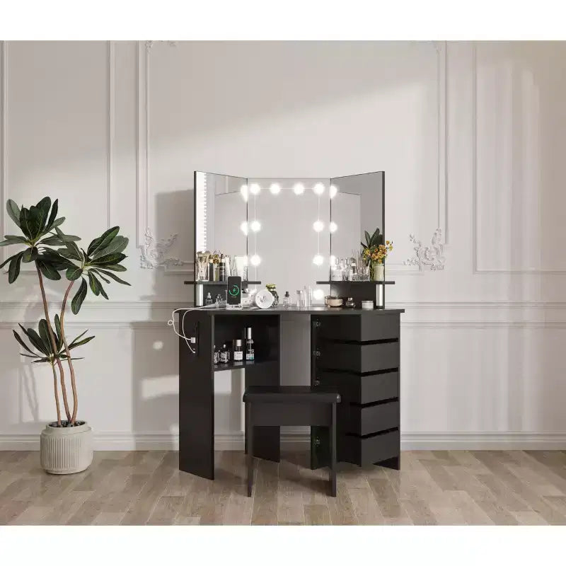 Corner Makeup Vanity Desk with Lights, Dressing Table with Power Outlet