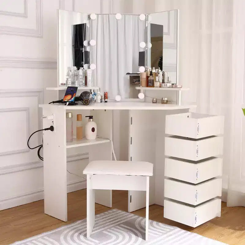Corner Makeup Vanity Desk with Lights, Dressing Table with Power Outlet