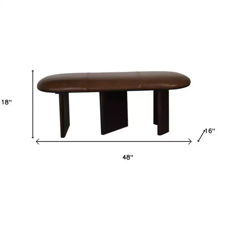 48 Brown Genuine Leather and Solid Wood Upholstered Bench