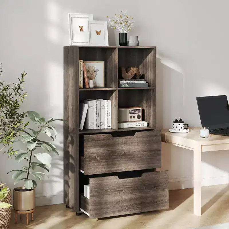 51 5-Tier 4-Cube Bookcase with 2 Drawers for Living Room, Study, Home Office White/Black/Gray/Natural