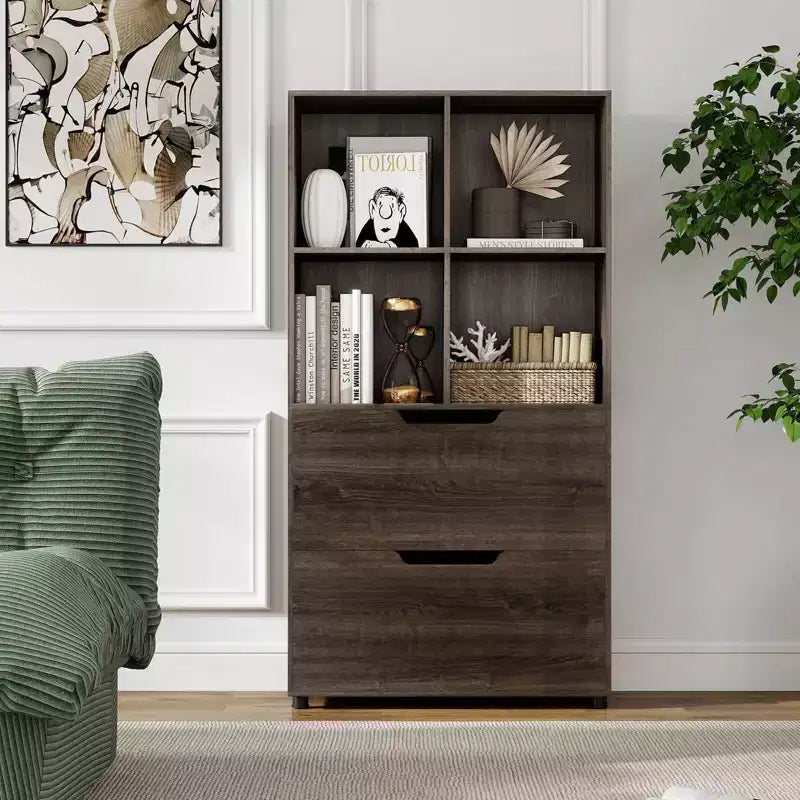51 5-Tier 4-Cube Bookcase with 2 Drawers for Living Room, Study, Home Office White/Black/Gray/Natural