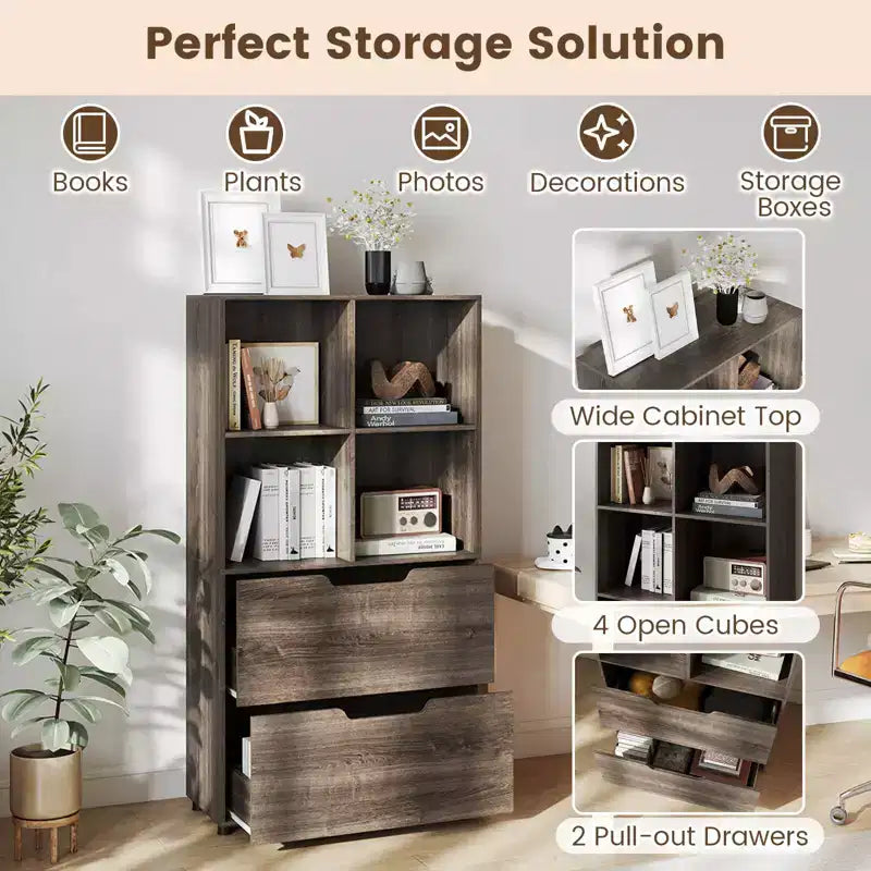 51 5-Tier 4-Cube Bookcase with 2 Drawers for Living Room, Study, Home Office White/Black/Gray/Natural