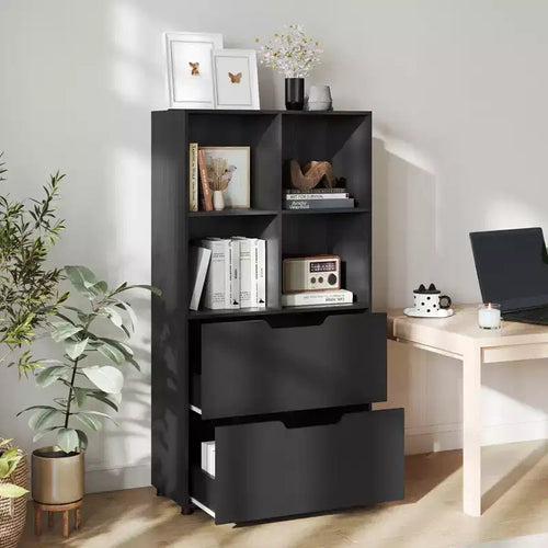 51 bibliothèque à 5 niveaux et 4 casiers avec 2 tiroirs pour salon, bureau, bureau à domicile blanc/noir/gris/naturel