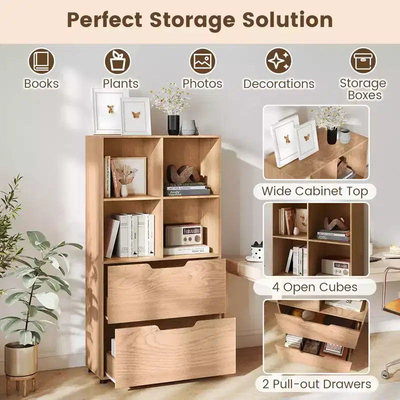 51 5-Tier 4-Cube Bookcase with 2 Drawers for Living Room, Study, Home Office White/Black/Gray/Natural