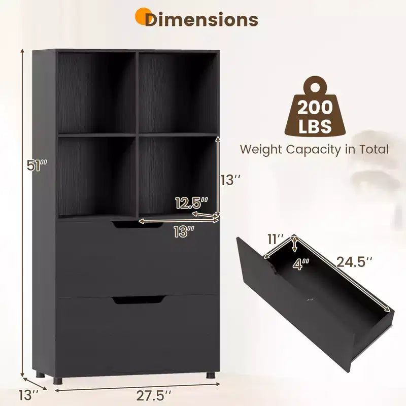 51 5-Tier 4-Cube Bookcase with 2 Drawers for Living Room, Study, Home Office White/Black/Gray/Natural