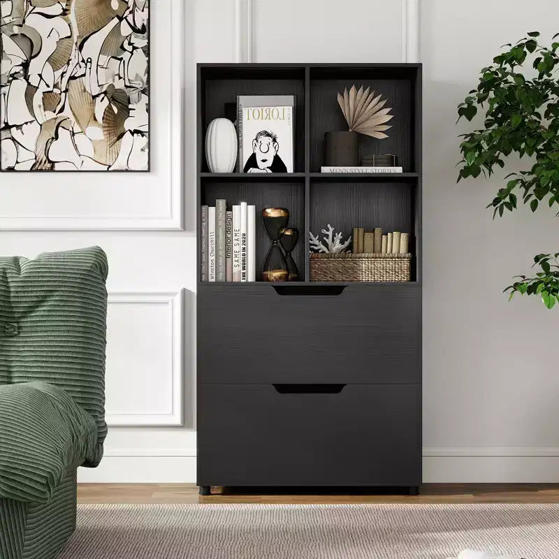 51 5-Tier 4-Cube Bookcase with 2 Drawers for Living Room, Study, Home Office White/Black/Gray/Natural