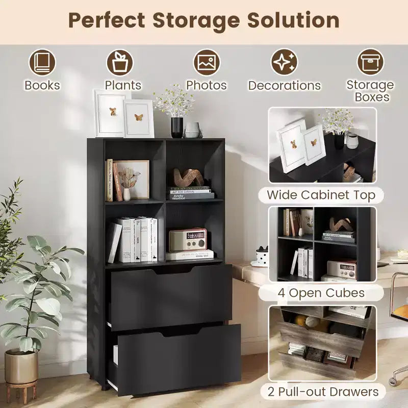 51 5-Tier 4-Cube Bookcase with 2 Drawers for Living Room, Study, Home Office White/Black/Gray/Natural