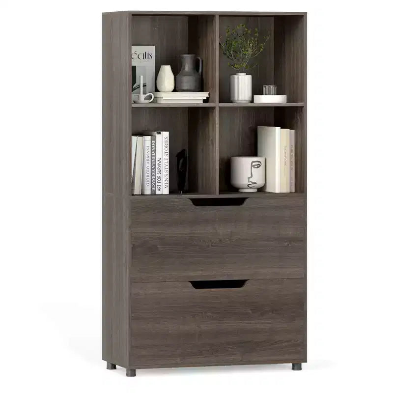51 5-Tier 4-Cube Bookcase with 2 Drawers for Living Room, Study, Home Office White/Black/Gray/Natural