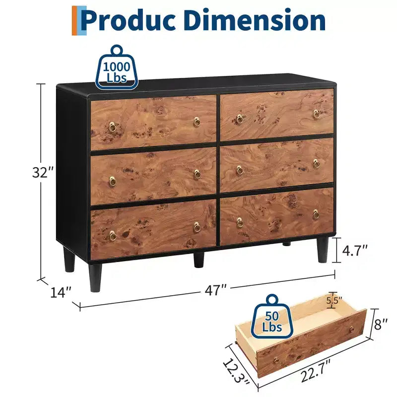 7 Drawers Dresser, 54 Wide Modern Chest of Drawers with Metal Handle, Wooden Dresser TV Stand, Wood Closet Clothes Storage Organizer for Living Room