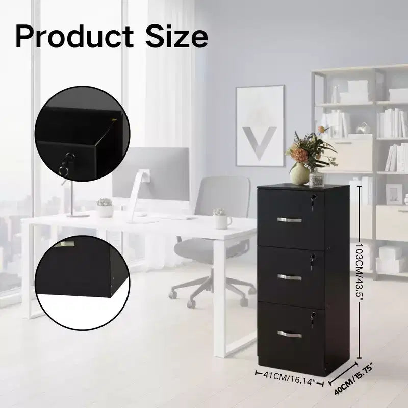 3 Drawer File Cabinet with Lock, Vertical Office Filing Cabinet for Letter/Legal Size, Storage Organizer, Black