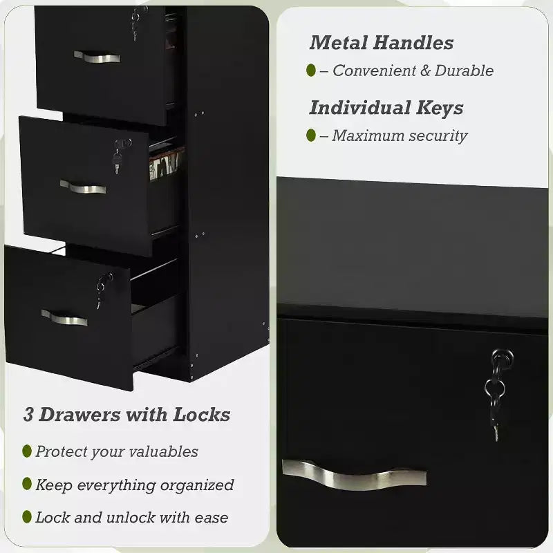3 Drawer File Cabinet with Lock, Vertical Office Filing Cabinet for Letter/Legal Size, Storage Organizer, Black