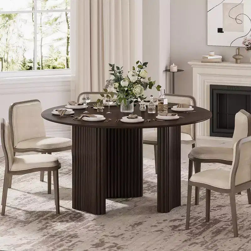 52 Modern Round Dining Table with Striped Column Legs Solid Wood Kitchen Table Anti-Scratch Footpads for Dining Room & Kitchen Bar in Walnut