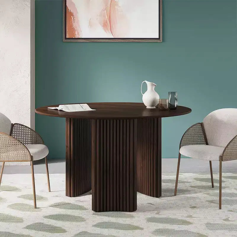 52 Modern Round Dining Table with Striped Column Legs Solid Wood Kitchen Table Anti-Scratch Footpads for Dining Room & Kitchen Bar in Walnut