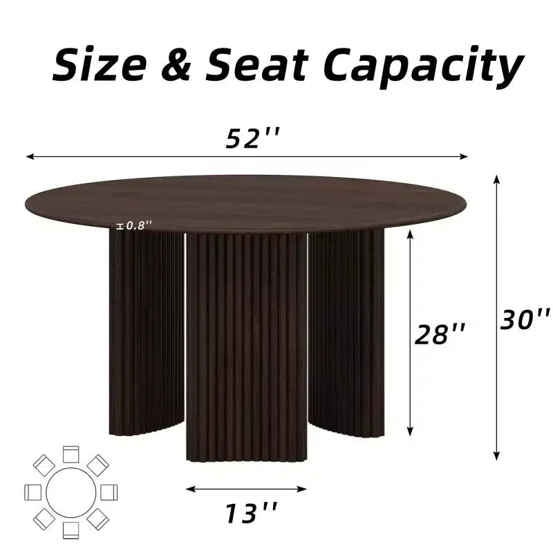 52 Modern Round Dining Table with Striped Column Legs Solid Wood Kitchen Table Anti-Scratch Footpads for Dining Room & Kitchen Bar in Walnut