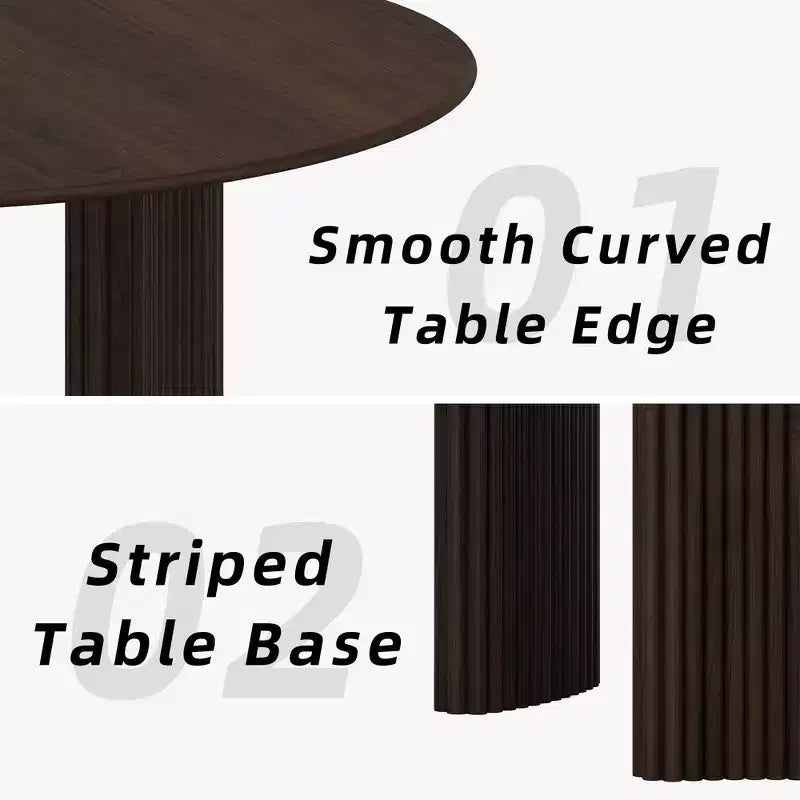 52 Modern Round Dining Table with Striped Column Legs Solid Wood Kitchen Table Anti-Scratch Footpads for Dining Room & Kitchen Bar in Walnut