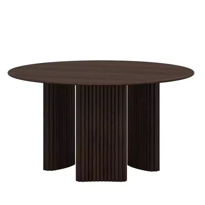 52 Modern Round Dining Table with Striped Column Legs Solid Wood Kitchen Table Anti-Scratch Footpads for Dining Room & Kitchen Bar in Walnut