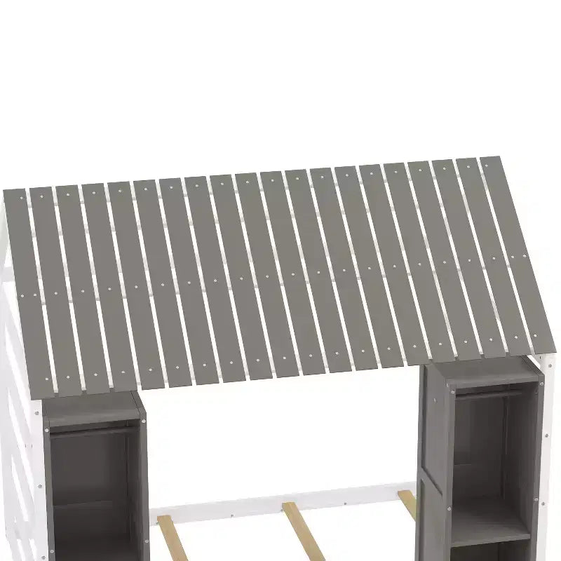 Twin Size Montessori Floor Bed with Safety Fence for Kids, Wooden Playhouse Bed Frame with Roof and Storage Shelves