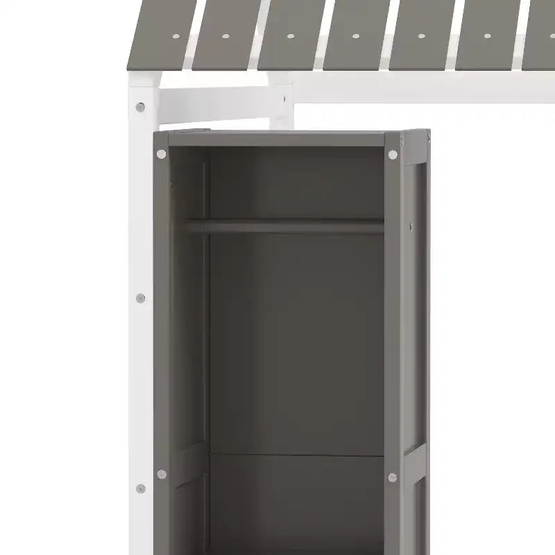 Twin Size Montessori Floor Bed with Safety Fence for Kids, Wooden Playhouse Bed Frame with Roof and Storage Shelves