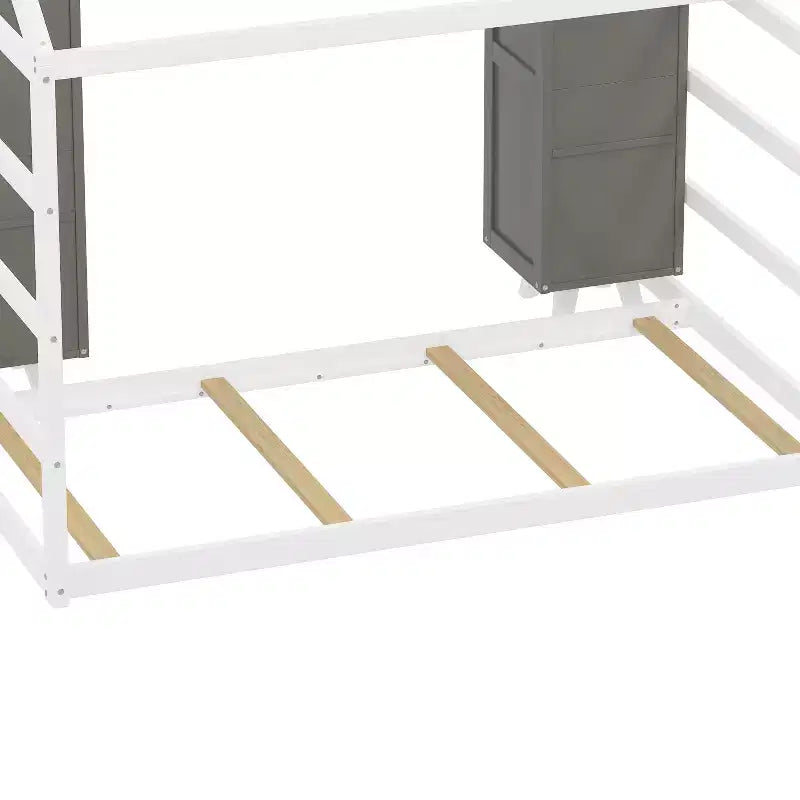 Twin Size Montessori Floor Bed with Safety Fence for Kids, Wooden Playhouse Bed Frame with Roof and Storage Shelves