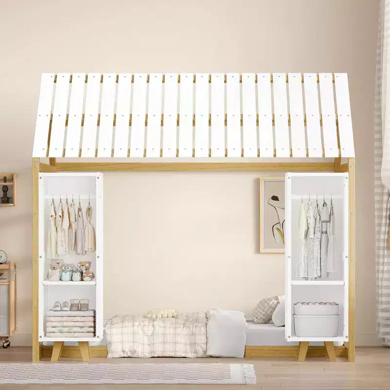 Twin Size Montessori Floor Bed with Safety Fence for Kids, Wooden Playhouse Bed Frame with Roof and Storage Shelves