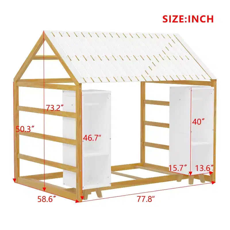 Twin Size Montessori Floor Bed with Safety Fence for Kids, Wooden Playhouse Bed Frame with Roof and Storage Shelves