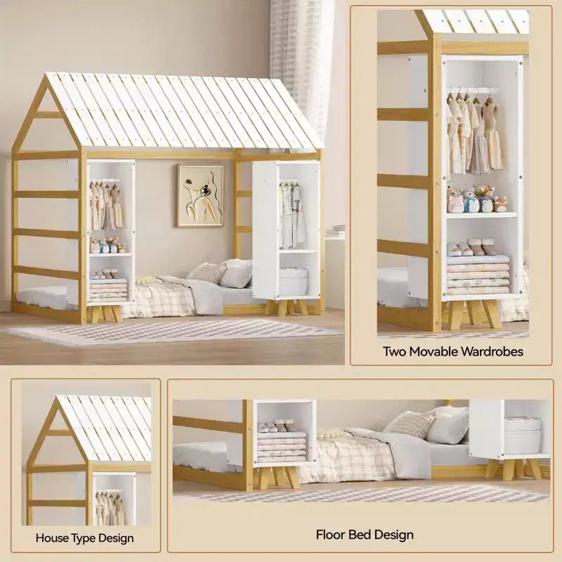 Twin Size Montessori Floor Bed with Safety Fence for Kids, Wooden Playhouse Bed Frame with Roof and Storage Shelves