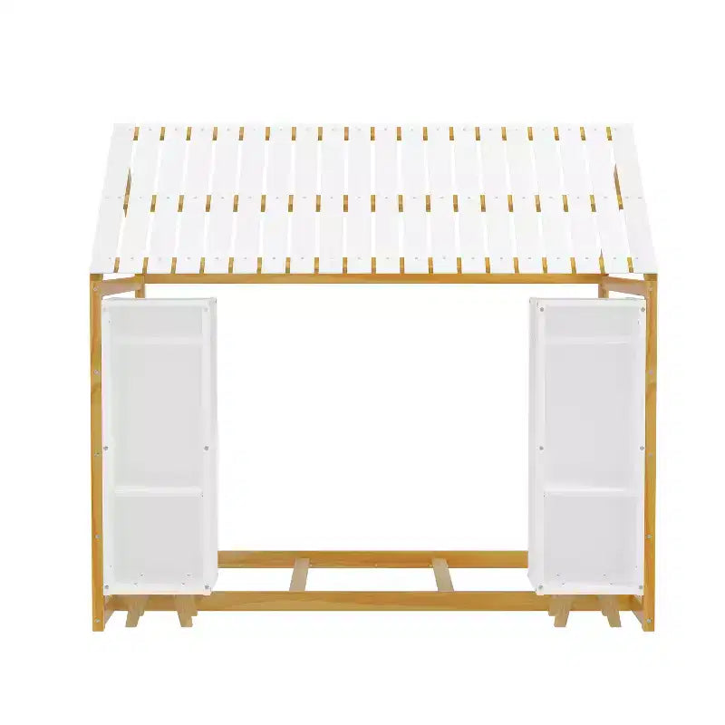 Twin Size Montessori Floor Bed with Safety Fence for Kids, Wooden Playhouse Bed Frame with Roof and Storage Shelves